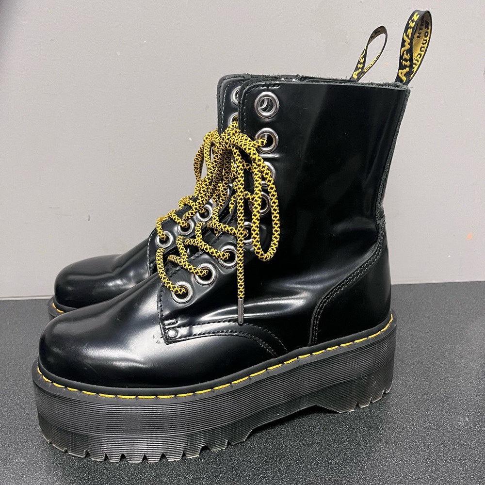 Dr. Martens Black Patent Platform Lace-Up Boots with Yellow Accents
